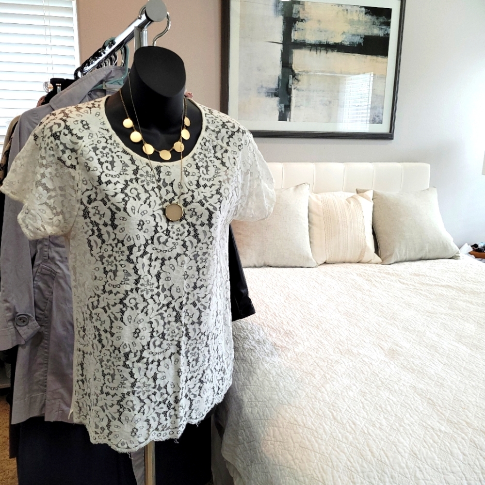 Madewell romantic see-through white antique style lace short sleeve blouse-Small